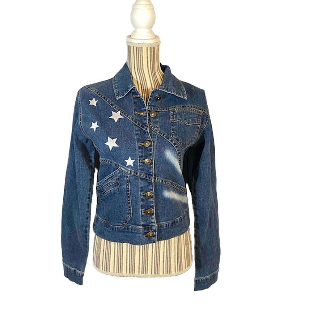 Angfu Blue Star Graphic Denim Button Front Jean Jacket Women Sz L